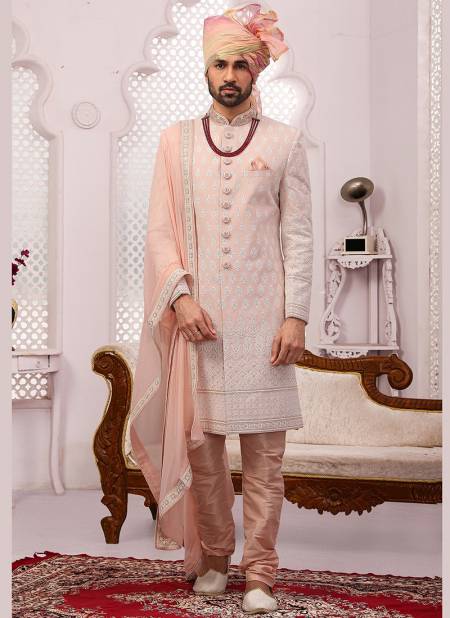 White And Peach Colour Wedding Wear Embroidery Work Sherwani Groom Latest Collection 9014